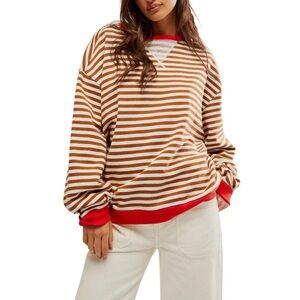 We The Free Free People  Classic Striped oversized crewneck in red & brown